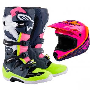 Bota Alpinestars Tech 7 Cinza/Azul/Rosa BRINDE Capacete Fly Kinetic K120