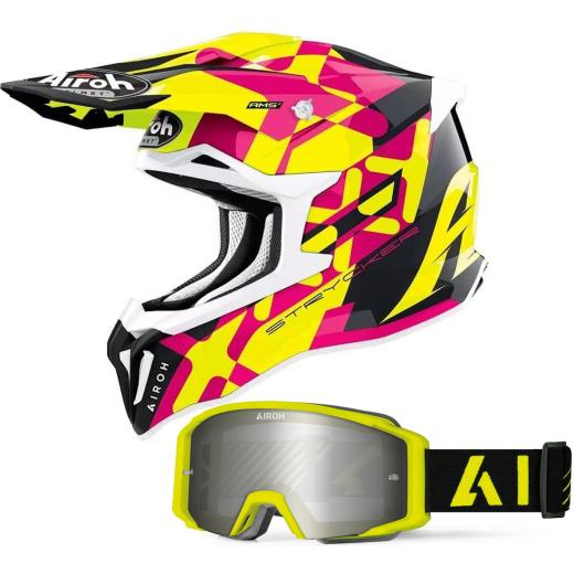 Capacete Airoh Strycker XXX Rosa BRINDE Óculos Airoh Blast XR1 Amarelo